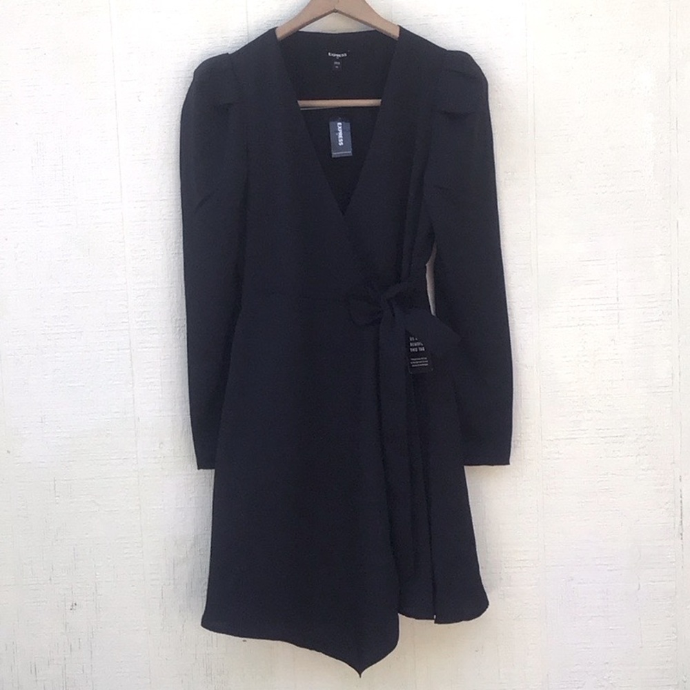 Express Black puff shoulders Long Sleeve Wrap Dress
